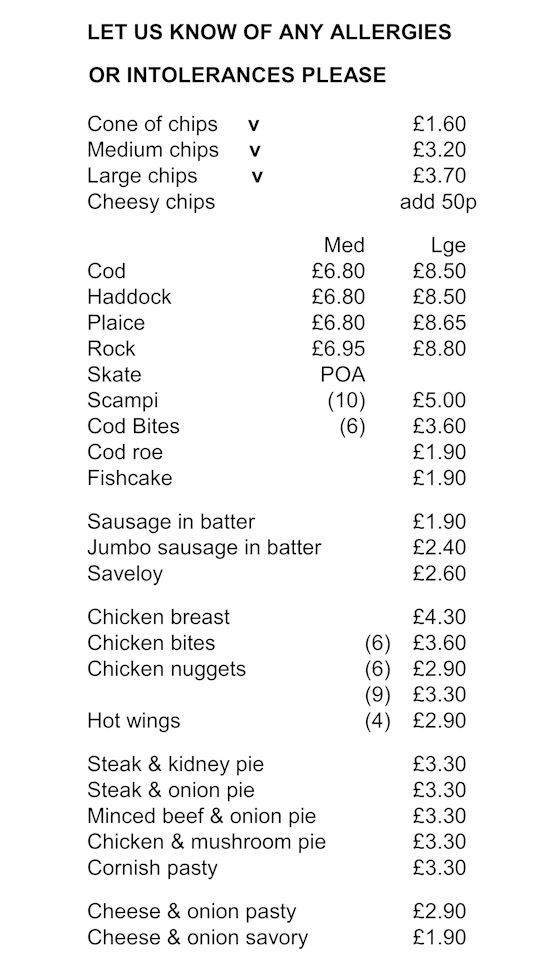 Bacton Fish Shop Price List 2